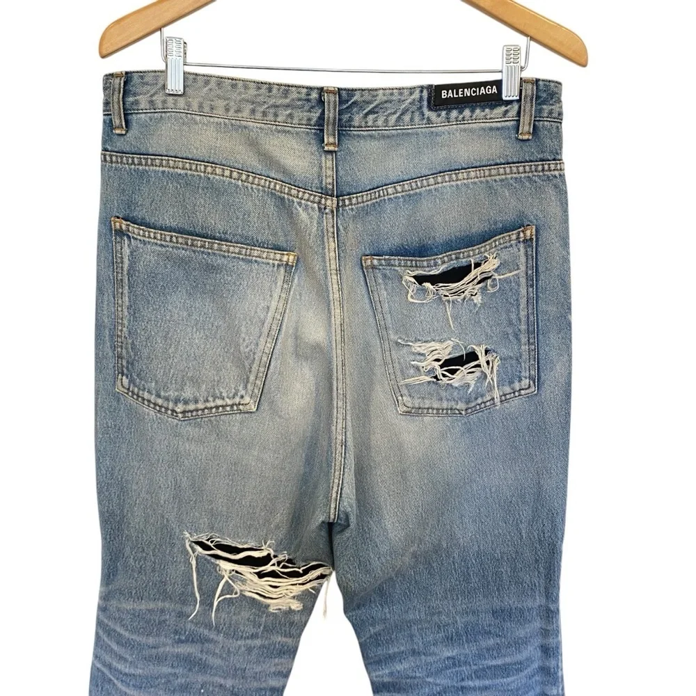 Balenciaga Distressed Ripped Logo Blue Jeans 2020 Size 34